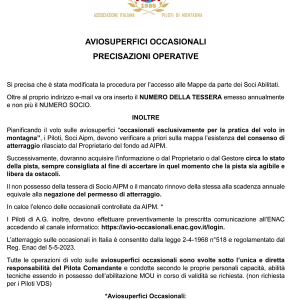 AVIOSUPERFICI OCCASIONALI - PRECISAZIONI OPERATIVE